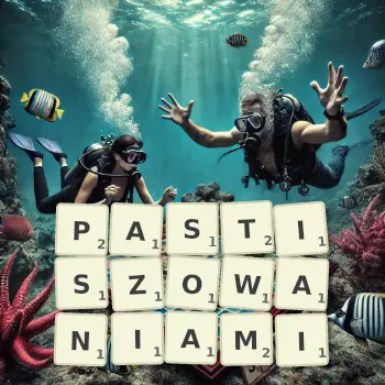 Kreatywna ilustracja do gry w Scrabble ze słowem PASTISZOWANIAMI ułożonym z płytek na planszy.