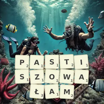 Kreatywna ilustracja do gry w Scrabble ze słowem PASTISZOWAŁAM ułożonym z płytek na planszy.
