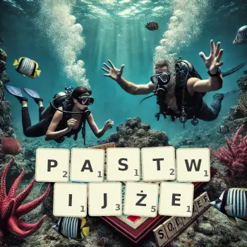 Kreatywna ilustracja do gry w Scrabble ze słowem PASTWIJŻE ułożonym z płytek na planszy.