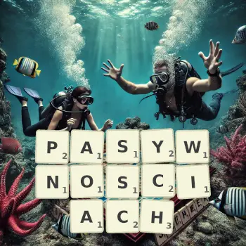Kreatywna ilustracja do gry w Scrabble ze słowem PASYWNOSCIACH ułożonym z płytek na planszy.