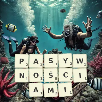 Kreatywna ilustracja do gry w Scrabble ze słowem PASYWNOŚCIAMI ułożonym z płytek na planszy.
