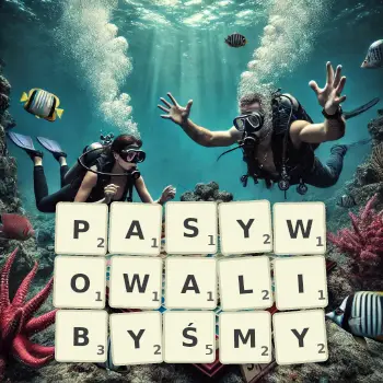 Kreatywna ilustracja do gry w Scrabble ze słowem PASYWOWALIBYŚMY ułożonym z płytek na planszy.