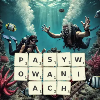 Kreatywna ilustracja do gry w Scrabble ze słowem PASYWOWANIACH ułożonym z płytek na planszy.