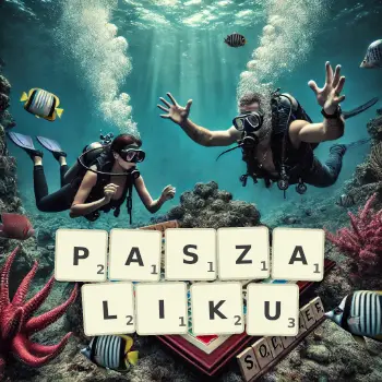 Kreatywna ilustracja do gry w Scrabble ze słowem PASZALIKU ułożonym z płytek na planszy.