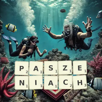 Kreatywna ilustracja do gry w Scrabble ze słowem PASZENIACH ułożonym z płytek na planszy.