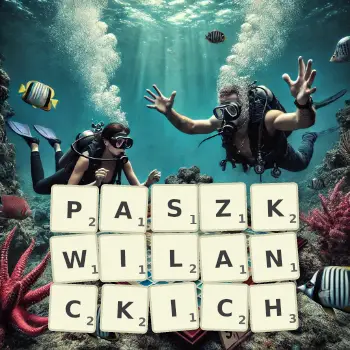 Kreatywna ilustracja do gry w Scrabble ze słowem PASZKWILANCKICH ułożonym z płytek na planszy.