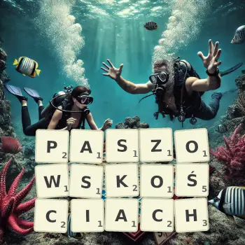 Kreatywna ilustracja do gry w Scrabble ze słowem PASZOWSKOŚCIACH ułożonym z płytek na planszy.