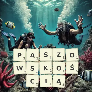 Kreatywna ilustracja do gry w Scrabble ze słowem PASZOWSKOŚCIĄ ułożonym z płytek na planszy.