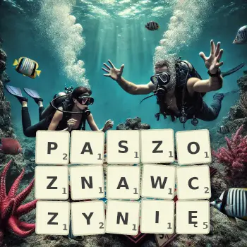 Kreatywna ilustracja do gry w Scrabble ze słowem PASZOZNAWCZYNIĘ ułożonym z płytek na planszy.
