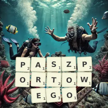 Kreatywna ilustracja do gry w Scrabble ze słowem PASZPORTOWEGO ułożonym z płytek na planszy.