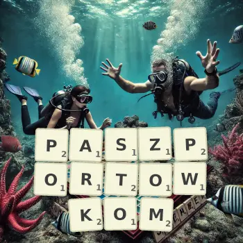 Kreatywna ilustracja do gry w Scrabble ze słowem PASZPORTOWKOM ułożonym z płytek na planszy.