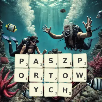 Kreatywna ilustracja do gry w Scrabble ze słowem PASZPORTOWYCH ułożonym z płytek na planszy.