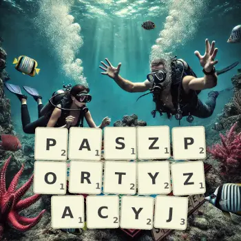 Kreatywna ilustracja do gry w Scrabble ze słowem PASZPORTYZACYJ ułożonym z płytek na planszy.