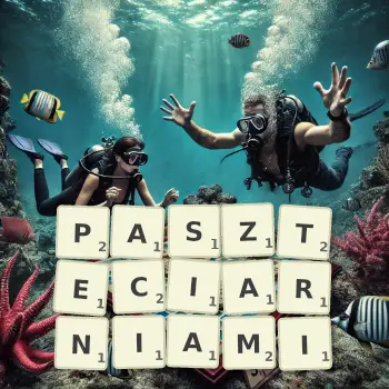 Kreatywna ilustracja do gry w Scrabble ze słowem PASZTECIARNIAMI ułożonym z płytek na planszy.