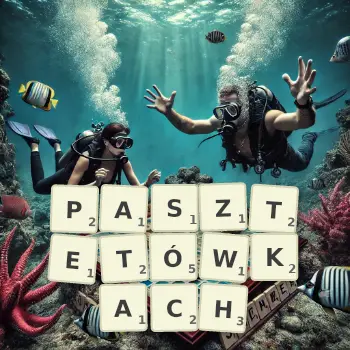 Kreatywna ilustracja do gry w Scrabble ze słowem PASZTETÓWKACH ułożonym z płytek na planszy.