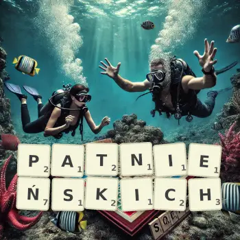 Kreatywna ilustracja do gry w Scrabble ze słowem PATNIEŃSKICH ułożonym z płytek na planszy.