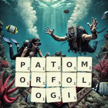 Kreatywna ilustracja do gry w Scrabble ze słowem PATOMORFOLOGI ułożonym z płytek na planszy.