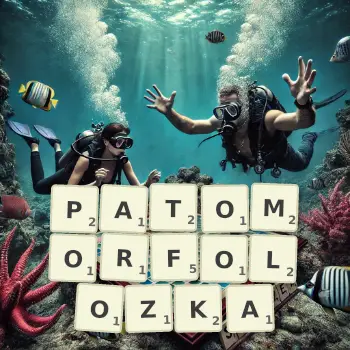 Kreatywna ilustracja do gry w Scrabble ze słowem PATOMORFOLOZKA ułożonym z płytek na planszy.