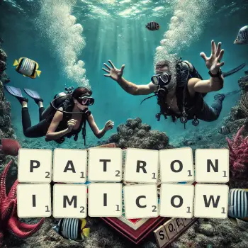 Kreatywna ilustracja do gry w Scrabble ze słowem PATRONIMICOW ułożonym z płytek na planszy.