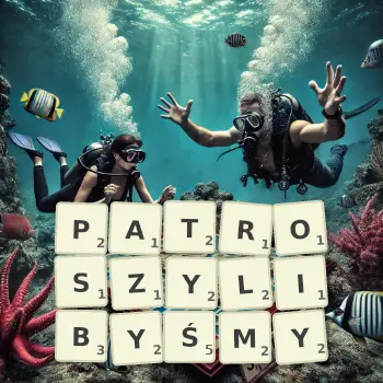 Kreatywna ilustracja do gry w Scrabble ze słowem PATROSZYLIBYŚMY ułożonym z płytek na planszy.