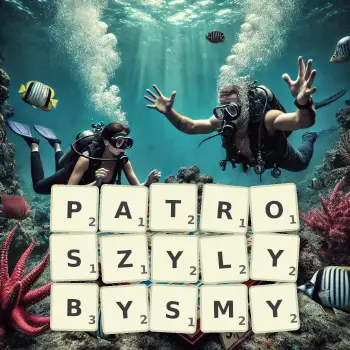 Kreatywna ilustracja do gry w Scrabble ze słowem PATROSZYLYBYSMY ułożonym z płytek na planszy.