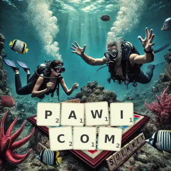 Kreatywna ilustracja do gry w Scrabble ze słowem PAWICOM ułożonym z płytek na planszy.