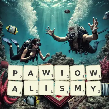 Kreatywna ilustracja do gry w Scrabble ze słowem PAWIOWALISMY ułożonym z płytek na planszy.