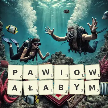 Kreatywna ilustracja do gry w Scrabble ze słowem PAWIOWAŁABYM ułożonym z płytek na planszy.