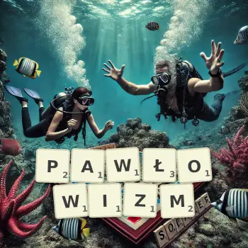 Kreatywna ilustracja do gry w Scrabble ze słowem PAWŁOWIZM ułożonym z płytek na planszy.