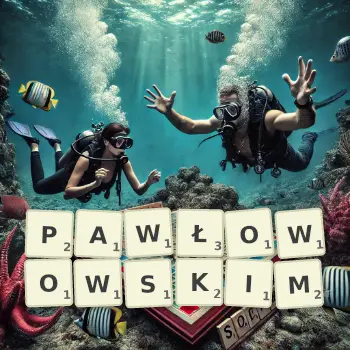 Kreatywna ilustracja do gry w Scrabble ze słowem PAWŁOWOWSKIM ułożonym z płytek na planszy.