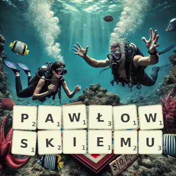 Kreatywna ilustracja do gry w Scrabble ze słowem PAWŁOWSKIEMU ułożonym z płytek na planszy.