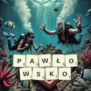 Kreatywna ilustracja do gry w Scrabble ze słowem PAWŁOWSKO ułożonym z płytek na planszy.