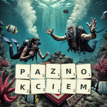 Kreatywna ilustracja do gry w Scrabble ze słowem PAZNOKCIEM ułożonym z płytek na planszy.