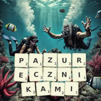 Kreatywna ilustracja do gry w Scrabble ze słowem PAZURECZNIKAMI ułożonym z płytek na planszy.