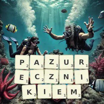 Kreatywna ilustracja do gry w Scrabble ze słowem PAZURECZNIKIEM ułożonym z płytek na planszy.