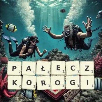 Kreatywna ilustracja do gry w Scrabble ze słowem PAŁECZKOROGI ułożonym z płytek na planszy.