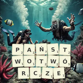 Kreatywna ilustracja do gry w Scrabble ze słowem PAŃSTWOTWÓRCZE ułożonym z płytek na planszy.