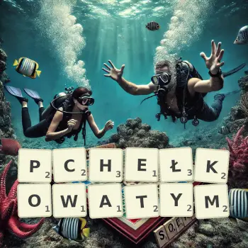 Kreatywna ilustracja do gry w Scrabble ze słowem PCHEŁKOWATYM ułożonym z płytek na planszy.