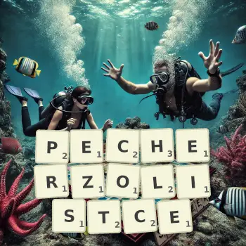 Kreatywna ilustracja do gry w Scrabble ze słowem PECHERZOLISTCE ułożonym z płytek na planszy.