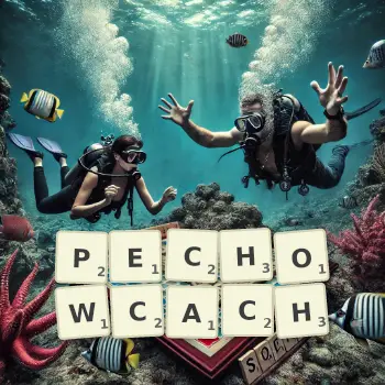 Kreatywna ilustracja do gry w Scrabble ze słowem PECHOWCACH ułożonym z płytek na planszy.