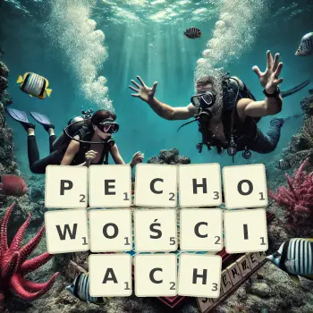 Kreatywna ilustracja do gry w Scrabble ze słowem PECHOWOŚCIACH ułożonym z płytek na planszy.