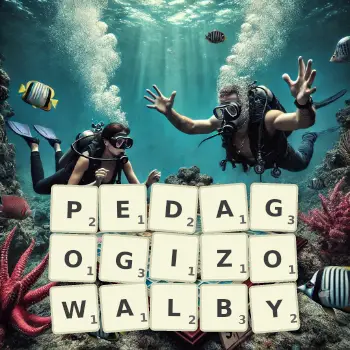 Kreatywna ilustracja do gry w Scrabble ze słowem PEDAGOGIZOWALBY ułożonym z płytek na planszy.