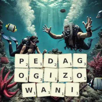 Kreatywna ilustracja do gry w Scrabble ze słowem PEDAGOGIZOWANI ułożonym z płytek na planszy.