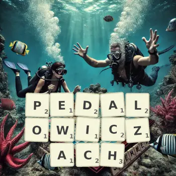 Kreatywna ilustracja do gry w Scrabble ze słowem PEDALOWICZACH ułożonym z płytek na planszy.