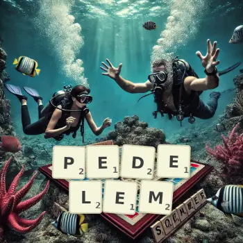 Kreatywna ilustracja do gry w Scrabble ze słowem PEDELEM ułożonym z płytek na planszy.