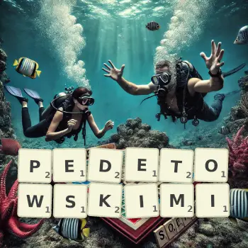 Kreatywna ilustracja do gry w Scrabble ze słowem PEDETOWSKIMI ułożonym z płytek na planszy.