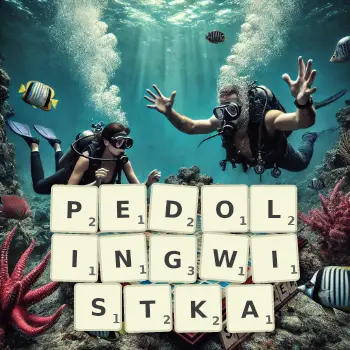 Kreatywna ilustracja do gry w Scrabble ze słowem PEDOLINGWISTKA ułożonym z płytek na planszy.