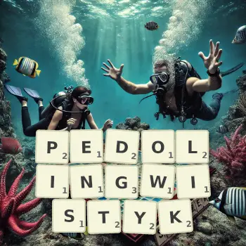 Kreatywna ilustracja do gry w Scrabble ze słowem PEDOLINGWISTYK ułożonym z płytek na planszy.