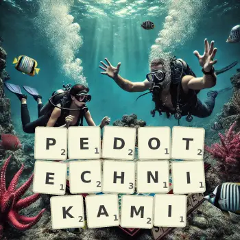 Kreatywna ilustracja do gry w Scrabble ze słowem PEDOTECHNIKAMI ułożonym z płytek na planszy.