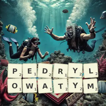 Kreatywna ilustracja do gry w Scrabble ze słowem PEDRYLOWATYM ułożonym z płytek na planszy.
